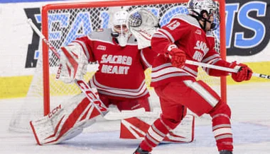 Sacred Heart Goalie Ajeet Gundarah Building NCAA Case in His White Mask