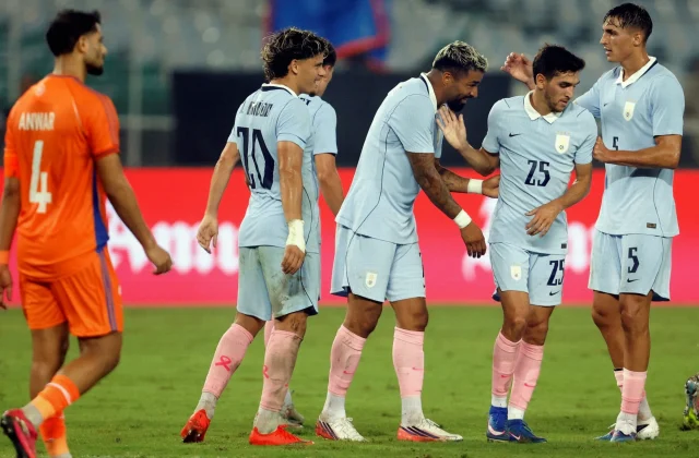 Uruguay Rout India in Kolkata Friendly Wearing Pink for Breast Cancer Campaign