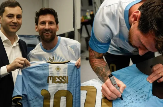 Lionel Messi Presents Signed Argentina Shirt to River Plate Fans
